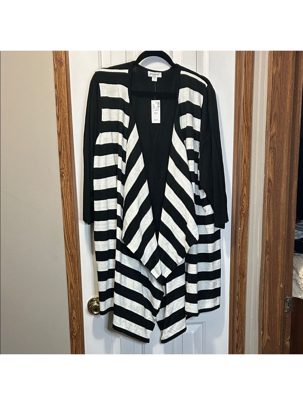 Avenue Black and White Striped Cardigan Sweater